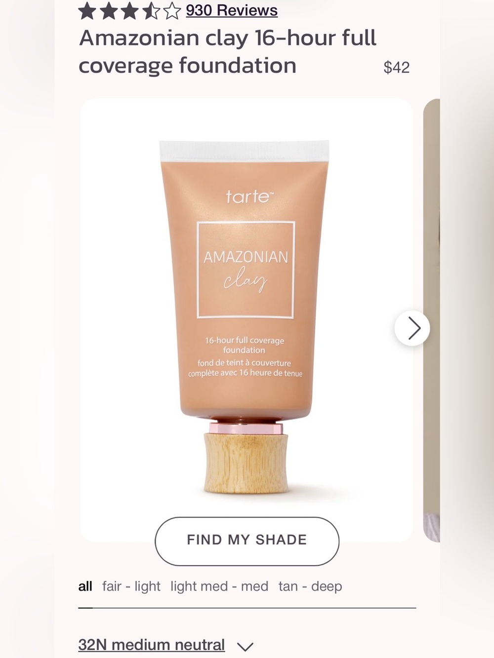 Tarte Amazonian Clay Foundation Shade 32N Medium Neutral